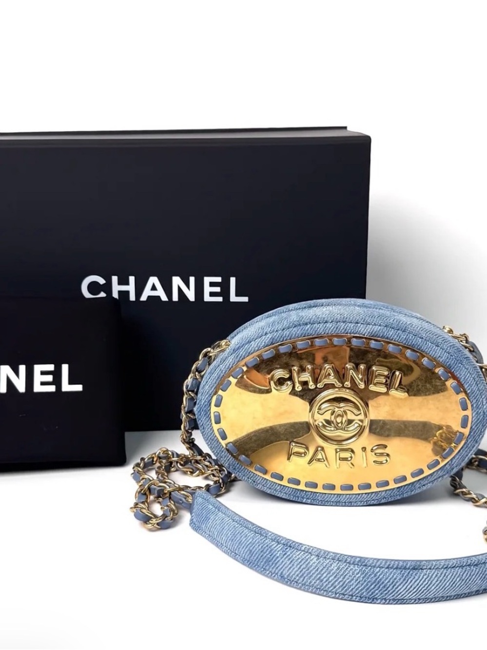 CHANEL Light Blue Denim Oval Crossbody with Gold Plaque